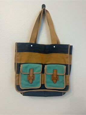 Fossil Striped Canvas Tote with Teal Front Pockets